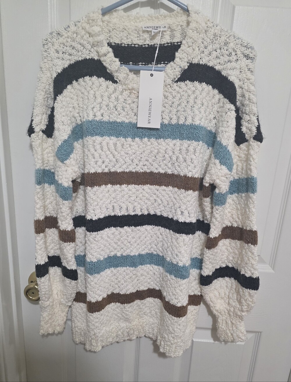 AnnieWear Cream Striped Loop-Knit Sweater with Blue, Brown, and Black Stripes